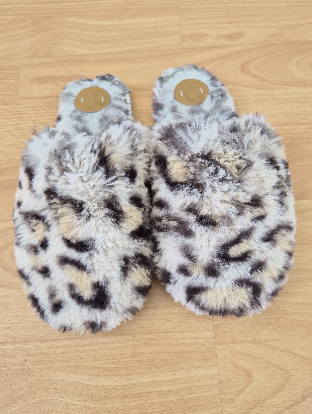 Anthropologie Faux Fur Leopard Print Slippers in Cream, Brown, Black
